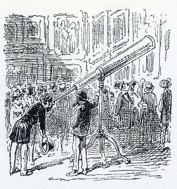 ピフ『シャリヴァリ』誌、1880年5月23日号より《サロンにて　作品をよくない位置に展示された画家が望遠鏡を設置する》
