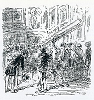 ピフ『シャリヴァリ』誌、1880年5月23日号より《サロンにて　作品をよくない位置に展示された画家が望遠鏡を設置する》