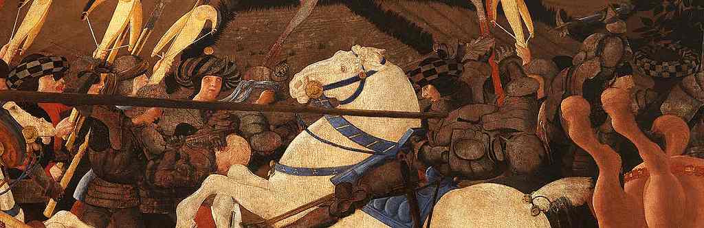 ウッチェッロ《サン・ロマーノの戦い》1456-1460頃 ウフィツィ：市松模様のマッツォッキオをかぶった人物が3人、捻り縞模様のマッツォッキオ(?)をかぶった人物が1人いる細部