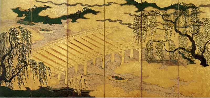 《宇治川柴舟図屛風》室町時代、16世紀：右隻