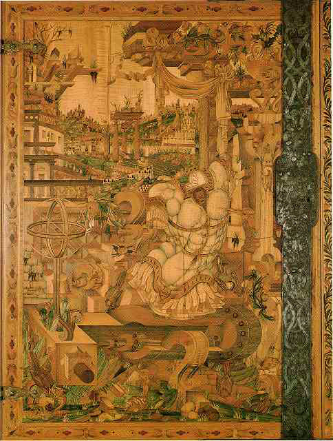 アウグスブルクの工匠(16世紀後半活動)　木製装飾戸棚、いわゆる《ヴランゲルシュランク》1566　右扉の内側