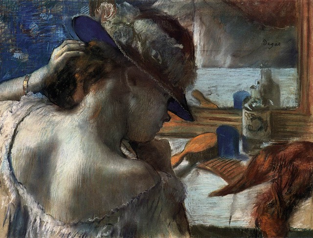 ドガ《鏡の前で》1889頃＜マネ《フォリー・ベルジェールのバー》と絵の