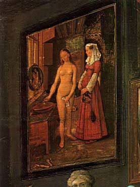 ヴァン・エイク《化粧する女》（ウィレム・ヴァン・ハーヒト《コルネリス・ヴァン・デア・ヘーストの画廊》1628）