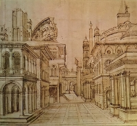 作者不詳（以前はペルッツィに帰属）《ローマの建物のある透視図舞台》16世紀中葉