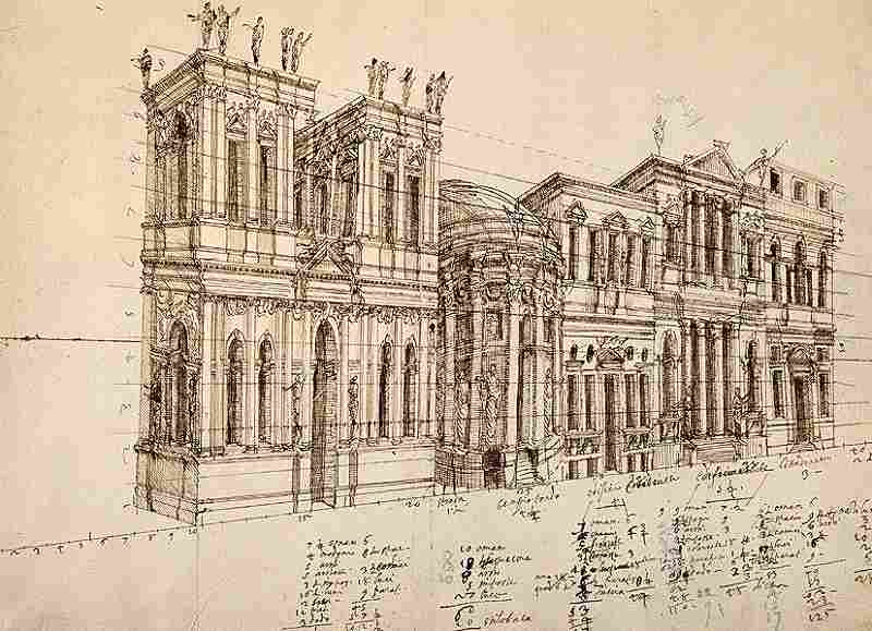 パッラーディオ＋スカモッツィ《テアトロ・オリンピコ》1580-84年　ヴィチェンツァ：舞台、スカモッツィのスケッチ
