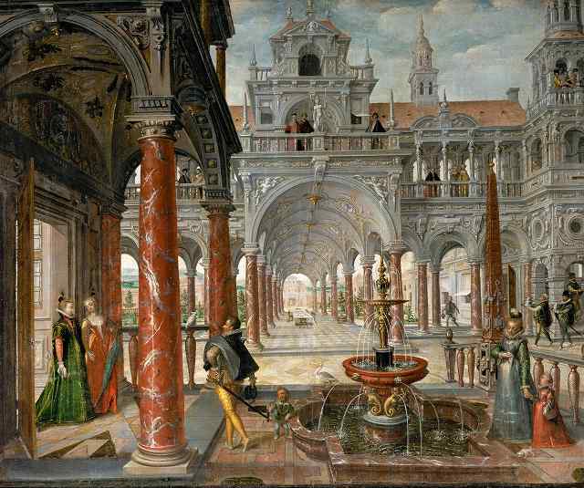フレーデマン・デ・フリース《宮殿のある舞台装飾画（雅な場面と宴のある愛の園）》1597-98