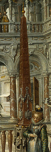 フレーデマン・デ・フリース《宮殿のある舞台装飾画（雅な場面と宴のある愛の園）》1597-98　細部：オベリスク