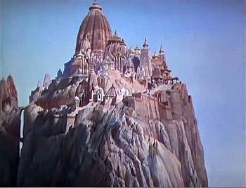 『バグダッドの盗賊』 1940、約1時間14分：世界一高い山の頂の曉の寺院