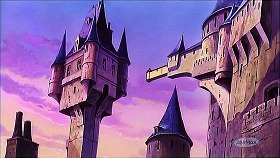 『ルパン三世　カリオストロの城』 1979　約18分：城　北側の塔　伸びる可動式通路　下から