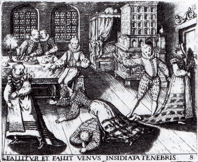 ド・ブリー『高雅寓意画集』より「暗がりにて人待ち顔で横たわりつつ、ウェヌスは欺き、かつ欺かれる」　1593