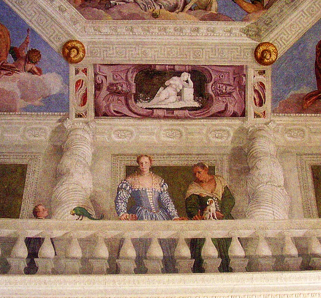ヴェロネーゼ　ヴィッラ・バルバロのオリュムポスの間のフレスコ オリュムポス山の下のバルコニーにいるジュスティニアーニ・バルバロ夫人、家政婦、子供とペットたち　1560-61