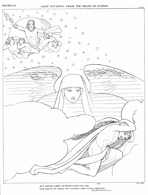 フラクスマン《ホメーロスのイーリアス》図23《ユピテルの怒りから逃れる眠り》1793-1805