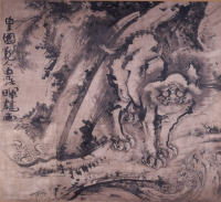 曾我蕭白、『唐獅子図』（左隻）、1765-68頃、紙本墨画、224.9x246.0cm