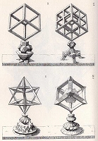 ヤムニッツァー『正多面体の透視図』(1568)よりF1頁：立方体とその変化形の枠組み模型、F2頁：立方体の変化形の星形枠組み模型