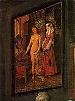ヴァン・エイク《化粧する女》（ウィレム・ファン・ハーハト《コルネリス・ファン・デル・ヘーストの画廊》1628）
