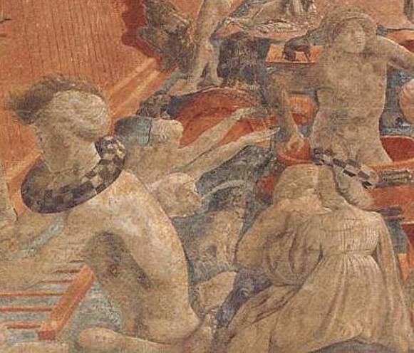 ウッチェッロ《大洪水》1446-1448（市松模様のマッツォッキオをつけた二人の人物のいる細部）