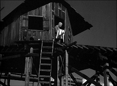 『執念のミイラ』 1944　約55分：レール付き斜面の上の小屋と梯子