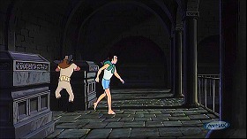 『ルパン三世　カリオストロの城』 1979　約53分：石棺を配した吹抜歩廊