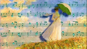 『輪るピングドラム』 2011　第18話 約0分：楽譜＋モネ《日傘をさす女》（1886、右向き版、オルセー美術館）