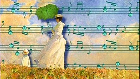 『輪るピングドラム』 2011　第18話 約0分：楽譜＋モネ《散歩、日傘をさす女》（1875、ワシントン・ナショナル・ギャラリー）を改変