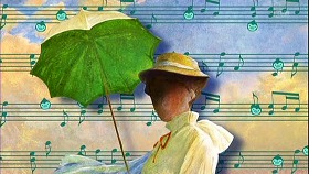 『輪るピングドラム』 2011　第18話 約0分：楽譜＋モネ《散歩、日傘をさす女》（1875、ワシントン・ナショナル・ギャラリー）を改変か？