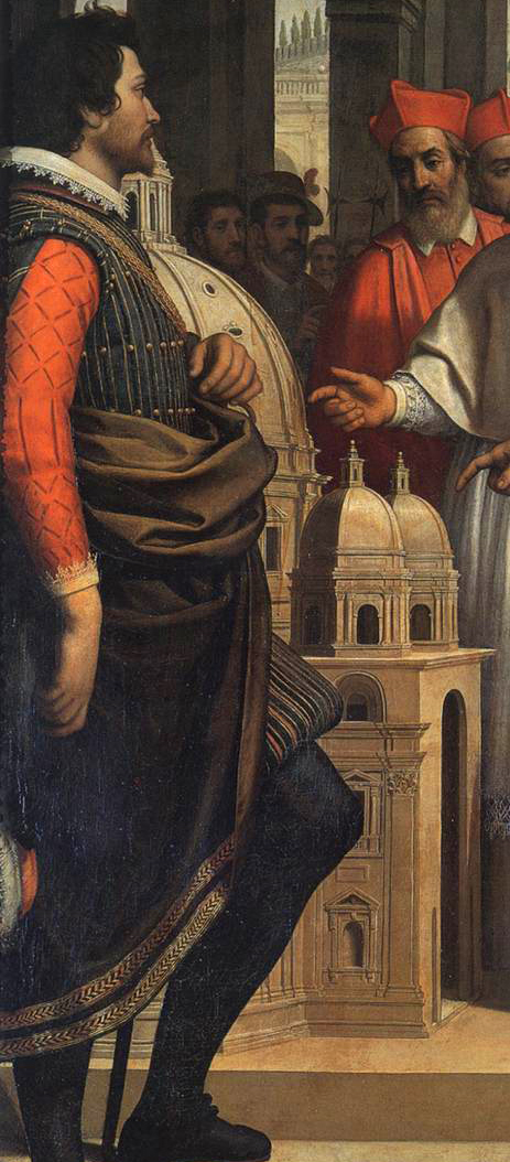 パシニャーノ《ミケランジェロがパウルス4世にサン・ピエトロ大聖堂の模型を見せる》 1618-19年：部分（木製模型）