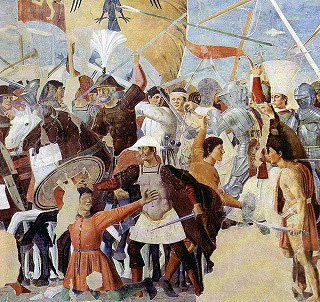 ピエロ・デッラ・フランチェスカ《ヘラクリウスとホスロー2世の戦い》細部：左を左右反転