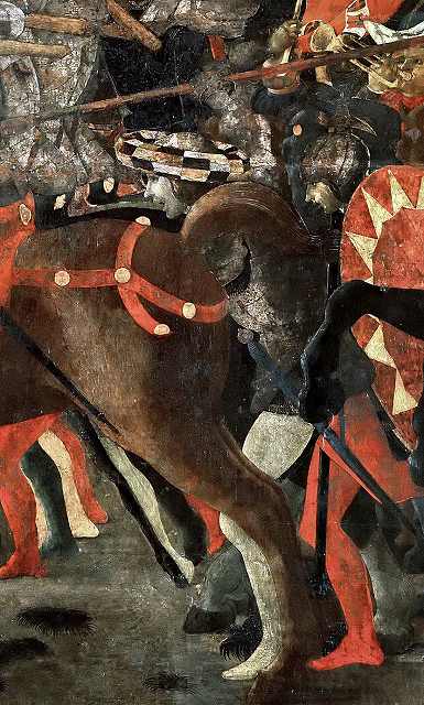 ウッチェッロ《サン・ロマーノの戦い》1456-1460頃 ルーヴル（市松模様のマッツォッキオをかぶった人物のいる細部）