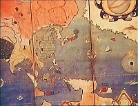 『吸血鬼ドラキュラ神戸に現わる』 1979　約1時間2分：《二十八都市萬国絵図屛風》、桃山～江戸時代初期（17世紀）、八曲一双、紙本着色　各隻178.6×486.3cm、宮内庁三の丸尚蔵館蔵より日本周辺部分