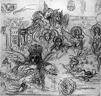 モロー《諸習作　怪物たちに囲まれたヘカテー、二本の柱頭、脚、二人の人物（《ユピテルとセメレー》のための習作）》